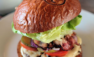 Close up image of a burger